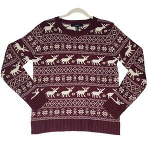 Forever 21 Women's Size Medium Maroon White Reindeer Holiday Acrylic Sweater